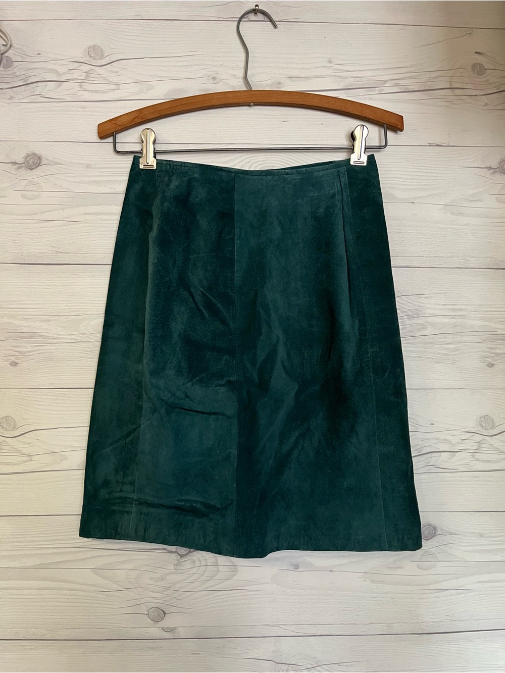 Vtg 90s Leather by Wilsons Suede Mini Skirt Green Short Zipper Slit Size 6